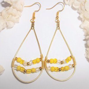 Gold Hoop Earrings Statement Size Big Large Beaded Yellow Seed Beads Gift 6997